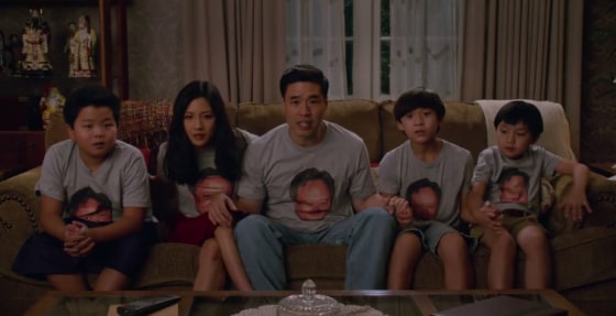 The Huang family (portrayed, from left to right, by Hudson Yang, Constance Wu, Randall Park, Forrest Wheeler, and Ian Chen).
