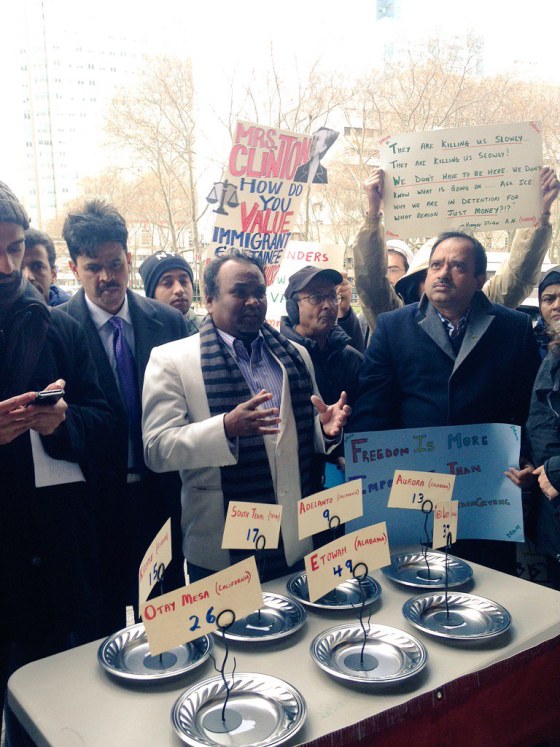 Protesters gathered outside of Hillary Clinton's campaign headquarters in Brooklyn, New York, on Dec. 3, 2015, to call for her response on the more than 100 detainees on hunger strikes across the country.