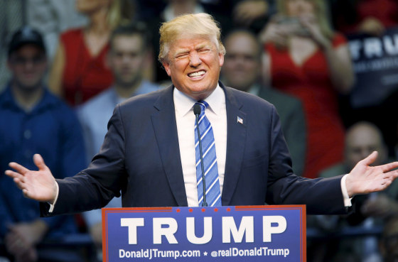 Image: U.S. Republican presidential candidate Donald Trump reacts while addressing supporters at a Trump for President campaign rally in Raleigh