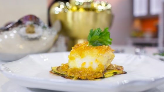Sea Bass with Potato-Zucchini Pancake and Marmalade Sauce