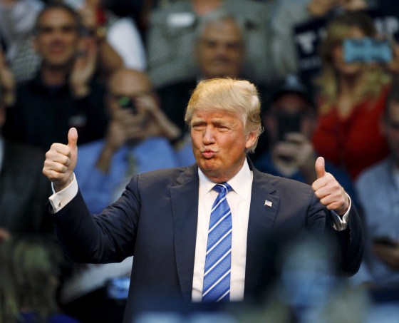 Image: U.S. Republican presidential candidate Trump reacts to supporters at the start of a Trump for President campaign rally in Raleigh, North Carolina
