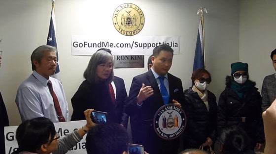 New York state Assemblyman Ron Kim announcing a fundraiser to support Jia Jia Liang (far right), who was slashed in the neck and face while walking from school in Queens.