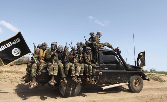 Image: Members of al Shabaab ride in a pick-up truck outside Somalia's capital Mogadishu