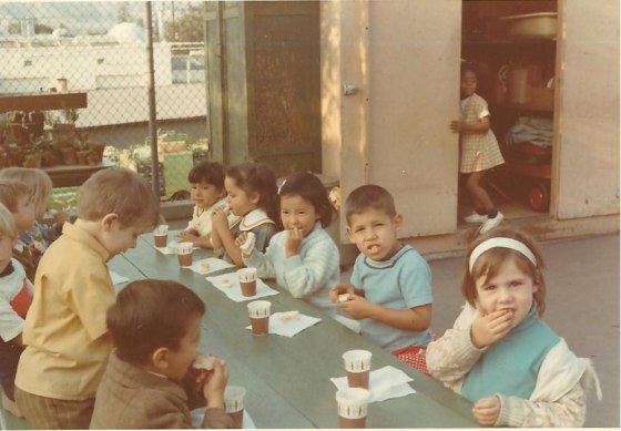 Frances Kai-Hwa Wang at snack time with her preschool classmates in California.