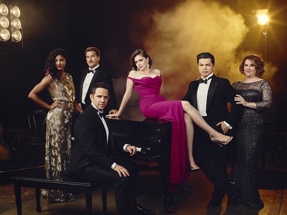 The cast of "Crazy Ex-Girlfriend." Pictured (L-R): Vella Lovell as Heather, Pete Gardner as Darryl, Santino Fontana as Greg, Rachel Bloom as Rebecca, Vincent Rodriguez III as Josh, and Donna Lynne Champlin as Paula.