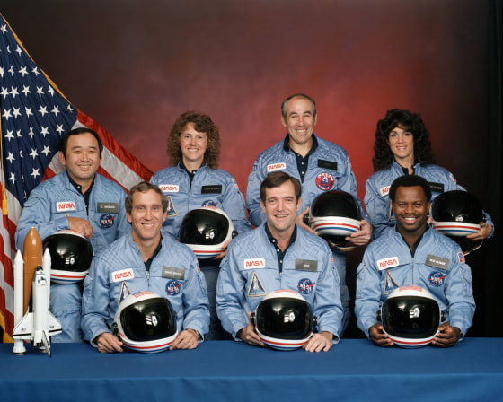 The crew of the space shuttle Challenger is seen in this 1986 file photo released by NASA. From left to right: Ellison Onizuka, Mike Smith, Christa McAuliffe, Dick Scobee, Greg Jarvis, Ron McNair and Judy Resnick.