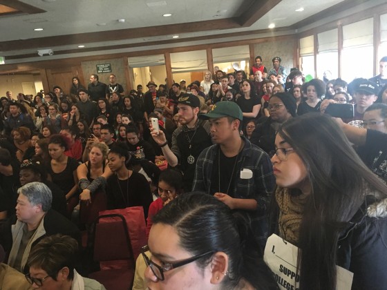 SFSU students and faculty at a community meeting with university president Les Wong discussing the budget and future of ethnic studies at SFSU.