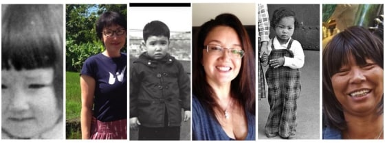 A composite of photographs of 325Kamra members as children in Korea and adults. From left, Katherine Kim, Bella Siegel-Dalton, and Noel Cross, who died of cancer in November 2015.