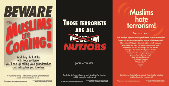 Three of the six ads running in the New York City Subway promoting "The Muslims Are Coming!", a film that follows Muslim-American comedians as they tour through the United States.