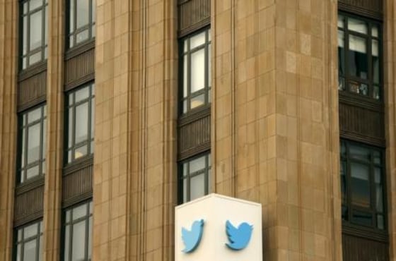 The Twitter logo is shown at its corporate headquarters in San Francisco