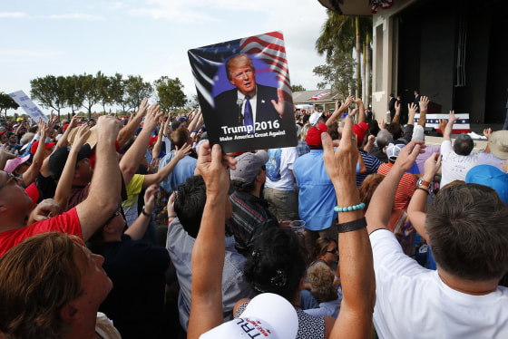 Image: Audience members cheer at a Republican presidential candidate Donald Trump campaign rally