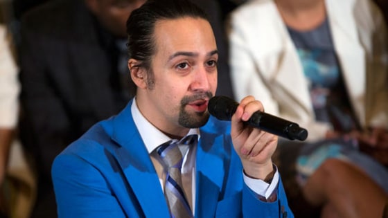 Actor Lin-Manuel Miranda speaks during an event with the cast of the Broadway play "Hamilton" in the East Room of the White House, on Monday, March 14, 2016, in Washington.