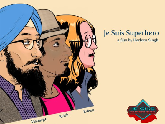 Stylized illustrations of Singh, Knight, and Alden, the subjects of "Je Suis Superhero".