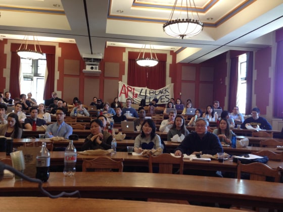 Asian Pacific Islander American Studies graduate students from the University of Michigan Department of American Culture show support for Akai Gurley's family and #APIs4BlackLives at an event on Friday, April 15, hosted by University of Michigan Law School Asian Pacific American Law Students Association.