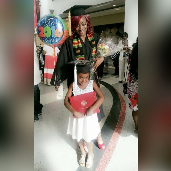 Janel Lanae, a teen mom who grew up in an abusive home, overcame all odds and graduated college this year, debt-free. She's seen with her daughter Malena, 7.