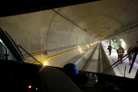 Image: Visitors stand on the emergency platform inside the Gotthard Base Tunnel near Sedrun, Switzerland, in March.