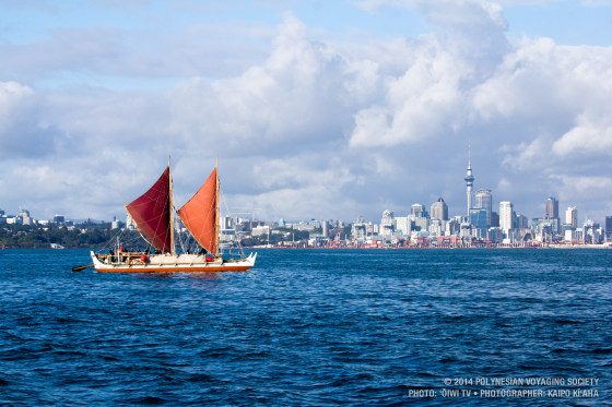 Hokule'a arriving at Aotearoa -- the northern island of New Zealand -- in 2014.