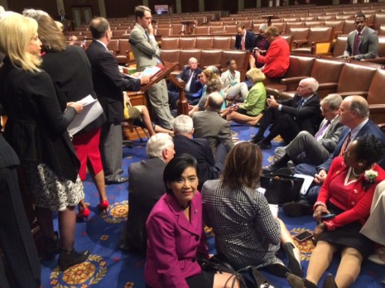 Rep. Judy Chu joining other House Democrats during a sit-in in an effort to force a vote on gun control.