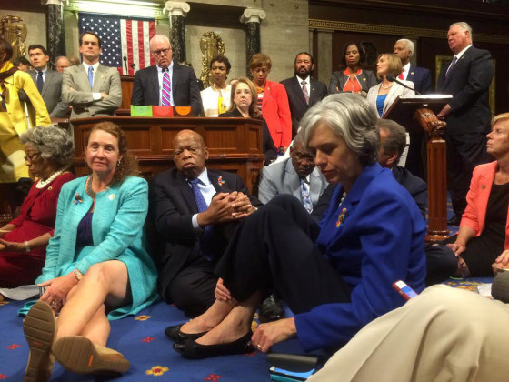 Image: A photo shot and tweeted from the floor of the House by U.S. Rep. Clark shows Democratic House members staging a sit-in over gun legislation in Washington