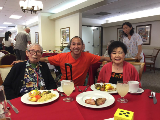 Benny Kwong, 92, his wife Evelyn, 88, and the author enjoy Father’s Day brunch at Pasadena Highlands, an assisted living facility, on June 19, 2016. Benny passed away the next day from complications due to Alzheimer’s.