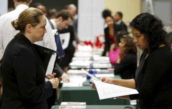 Job applicant Rose is interviewed at a "Hiring Our Heroes" military job fair in Washington