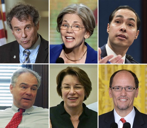 Top row from left, Sen. Sherrod Brown, Sen. Elizabeth Warren, HUD Secretary Julian Castro, bottom row, Sen. Tim Kaine, Sen. Amy Klobuchar and Labor Secretary Tom Perez.