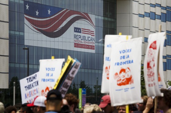 People march to protest the Republican National Convention and presumptive nominee Donald Trump in Cleveland, Ohio, USA, 18 July 2016.