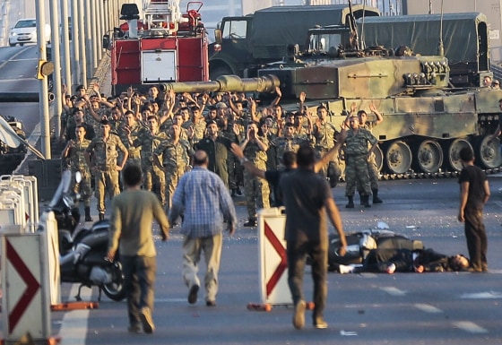 Image: Turkish troops involved in coup surrender on July 16, 2016