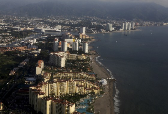 An aerial view from an aeroplane shows Puerto Vallarta in Mexico