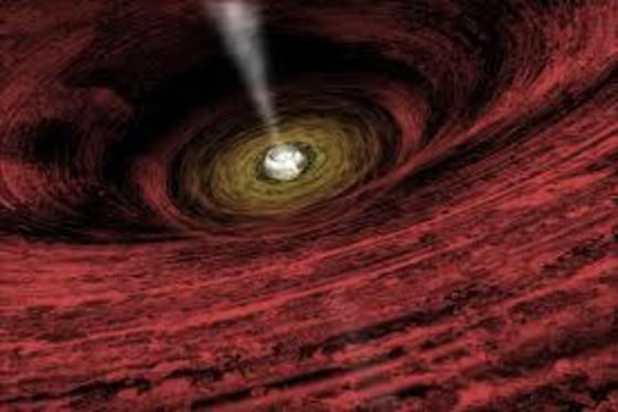 An artist's impression of a growing supermassive black hole located in the early Universe. Using the deepest X-ray image ever taken, astronomers found the first direct evidence that massive black holes were common in the early universe. This discovery shows that very young black holes grew more aggressively than previously thought, in tandem with the growth of their host galaxies.