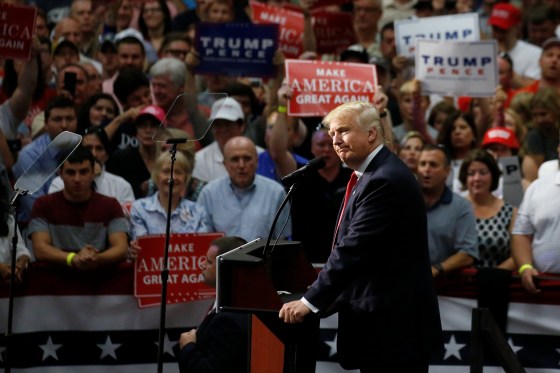 Image: Republican presidential nominee Donald Trump speaks onstage during a campaign rally in Akron