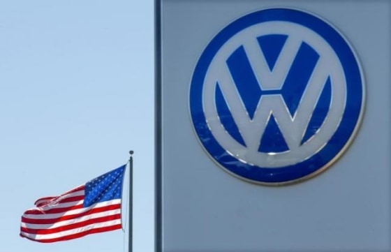 An American flag flies next to a Volkswagen car dealership in San Diego, California