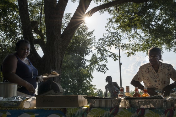 A large number of family members gather in a field for a reunion in Sparta, Georgia