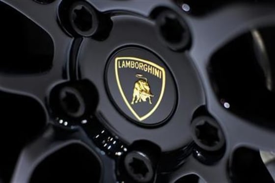 A Lamborghini logo is pictured at the exhibition stand of Lamborghini during the second media day of the 80th Geneva Car Show at the Palexpo in Geneva