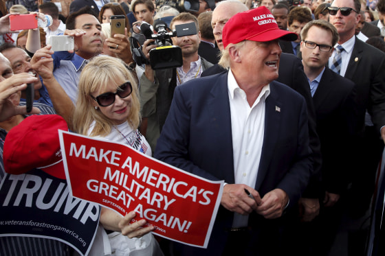 Image: U.S. Republican presidential candidate Donald Trump greets supporters after speaking on the USS Iowa in San Pedro, Los Angeles