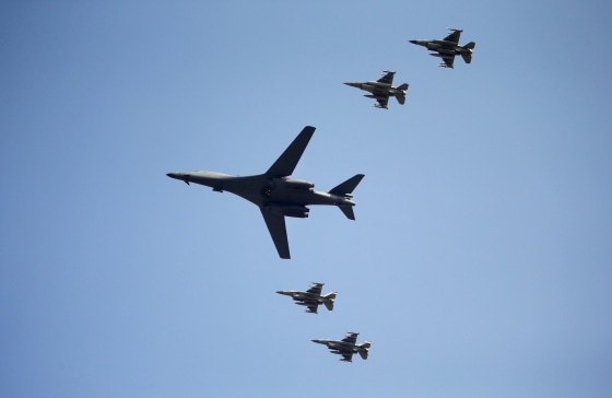 Image: A U.S. Air Force B-1B bomber flies over Osan Air Base in Pyeongtaek