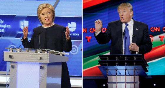 Hillary Clinton speaks during the Univision, Washington Post Democratic presidential debate at Miami-Dade College, March 9, 2016. Donald Trump speaks during a Republican presidential primary debate at The University of Houston, Feb. 25, 2016, in Houston.