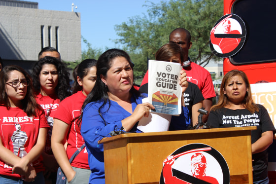 Araceli Becerra Gonzalez, a member of the Bazta Arpaio campaign, is encouraging Latinos to vote against Arpaio.