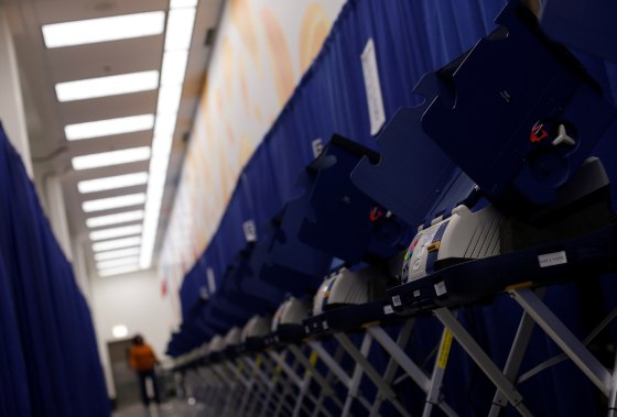 Image: A row of voting booths is seen at a polling station during early voting in Chicago
