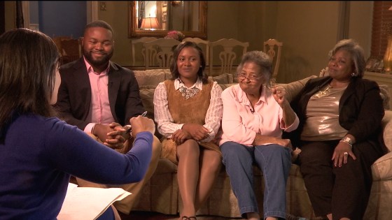 Members of the Jackson family, James III (Far left), Jordyn, Grandmother Gertude Wilmer and Whitnye gather on one couch to discuss Decision 2016 with NBC News correspondent Kristen Welker in West Philadelphia.