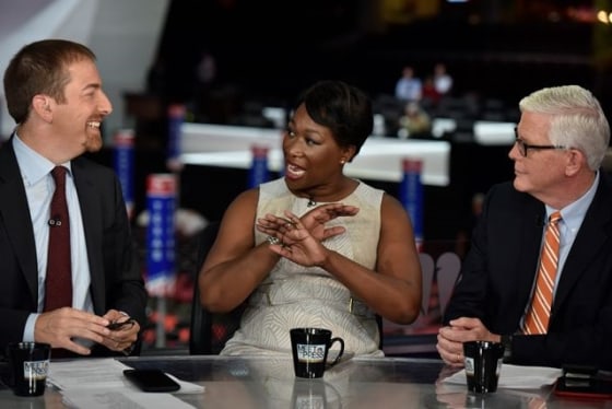 Joy Reid (center) with Chuck Todd (left) and Hugh Hewitt (right).