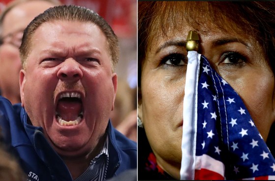 A Trump supporter cheers at a pre-election rally, left, and a woman reacts to Hillary Clinton's loss.