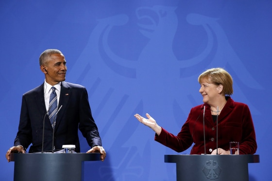 Image: German Chancellor Merkel speaks during a joint news conference with U.S. President Obama in Berlin