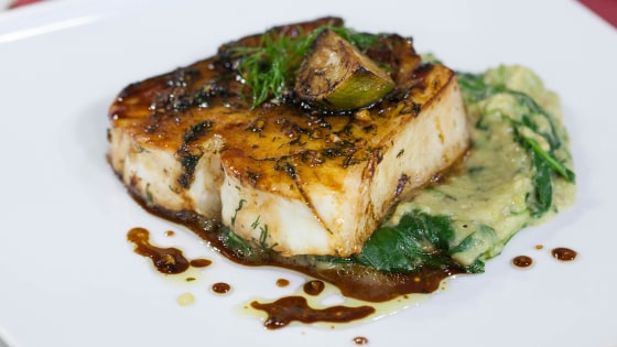 Lacquered Halibut with Charred Eggplant and Spinach