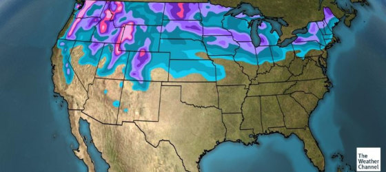Image: Map depicting snow cover from light to heavy across the U.S.