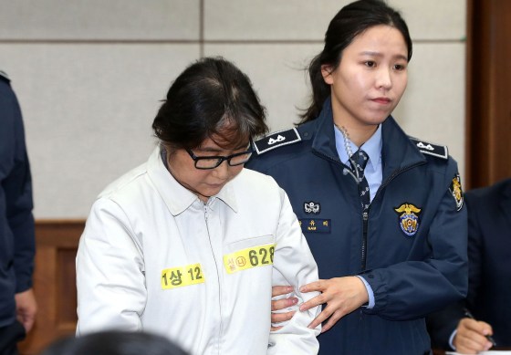 Image: Choi Soon-Sil, the jailed confidante of disgraced South Korean President Park Geun-Hye, pictured on Monday, the first day of her trial at the Seoul Central District Court.