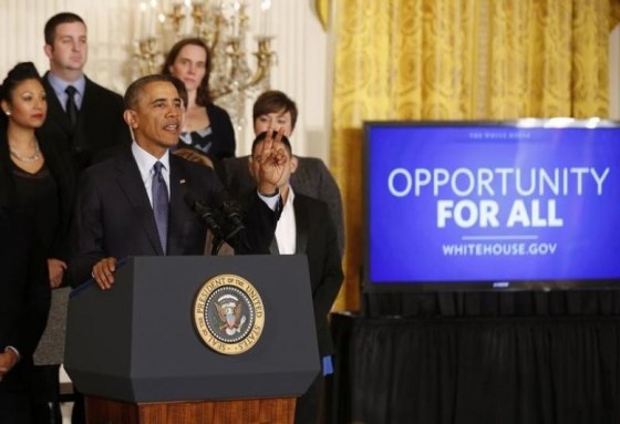 U.S. President Barack Obama talks before signing a Presidential Memorandum at the White House in Washington