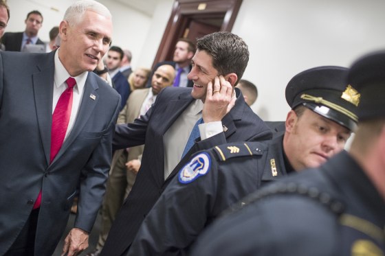 Image: Vice President-elect Mike Pence and Speaker Paul Ryan, R-Wis., leave a news conference after a meeting of the House Republican Conference in the Capitol where they discussed a strategy to repeal the Affordable Care Act, Jan. 4, 2016.