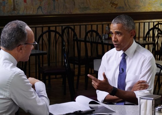 Image: Lester Holt interviews President Barack Obama at Valois restaurant in Chicago's Hyde Park
