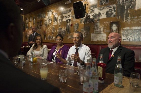 Image: President Barack Obama speaks to the media after having lunch with formerly incarcerated individuals who have received commutations, at Bus Boys and Poets restaurant on March 30, 2016 in Washington, D.C.